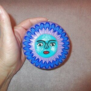 Mexican Talavera Celestial Sun Face Trinket Box Lid Cosmic Art Pottery Decor